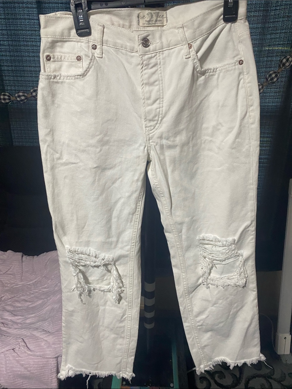 We The Free Off-White Distressed Straight Jeans
